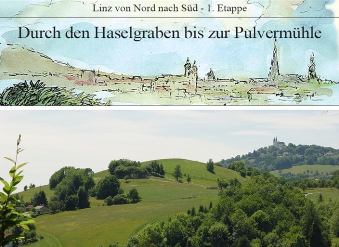 Grafisch gestalteter Titel der Wanderung und Foto vom Blick über Hügellandschaft hin zum Pöstlingberg.