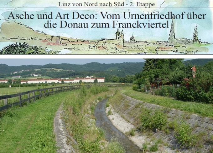 Grafisch gestalteter Titel der Wanderung und Foto vom regulierten Höllmühlbach.