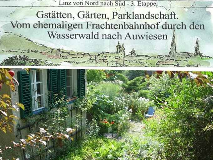 Grafisch gestalteter Titel der Wanderung und Foto vom Blick in einen dicht bepflanzten Garten.