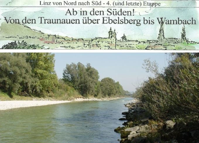 Grafisch gestalteter Titel der Wanderung und Foto vom Blick in die Traunauen.