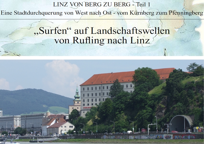 Grafisch gestalteter Titel der Wanderung und Foto von Blick auf das Linzer Schloss von Urfahr aus.