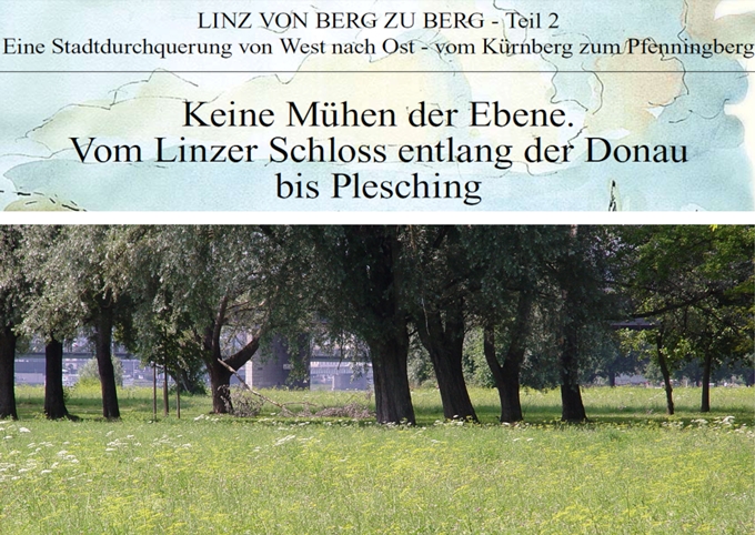 Grafisch gestalteter Titel der Wanderung und Foto der Grünzone an der Donau mit Baumbestand.