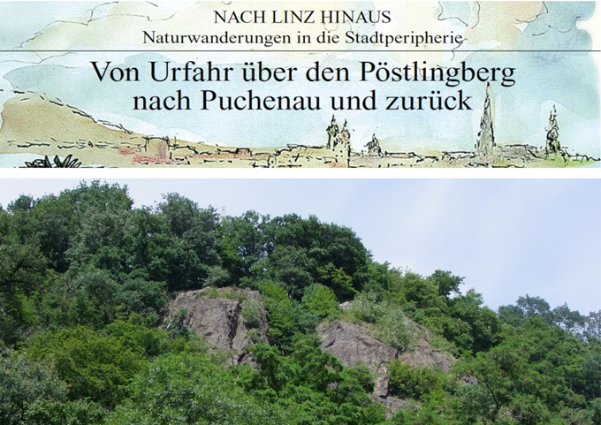 Grafisch gestalteter Titel der Wanderung und Foto von Felsen der "Urfahr-Wänd".