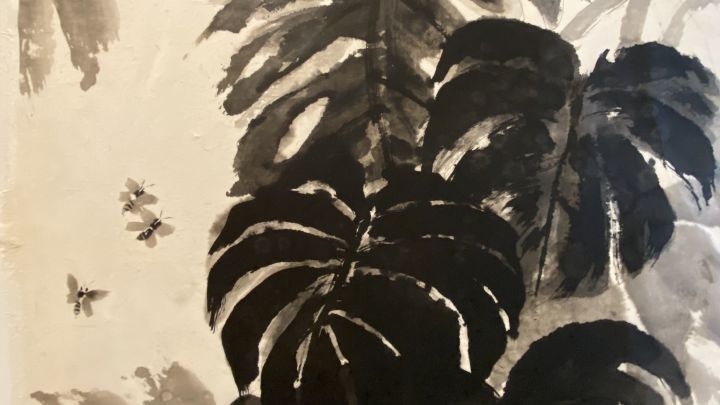 Blätter und Schmetterlinge mit Tusche gemalt