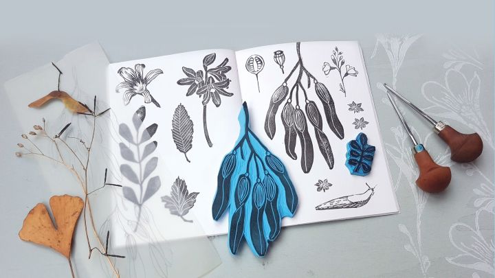 Foto: Belinda Jahn Materialien zum Schitzen: Vorlagen, Pinsel, Stempelgummi, Naturmaterialien